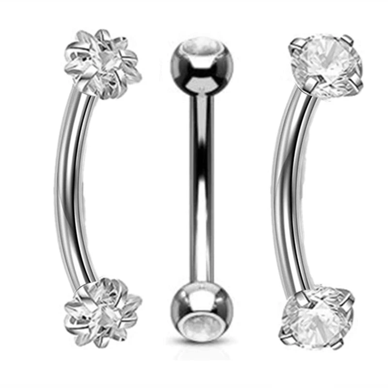 Elegant Heart Crystal Curved Barbell & CZ Star Eyebrow Ring Set - 3-Piece Collection