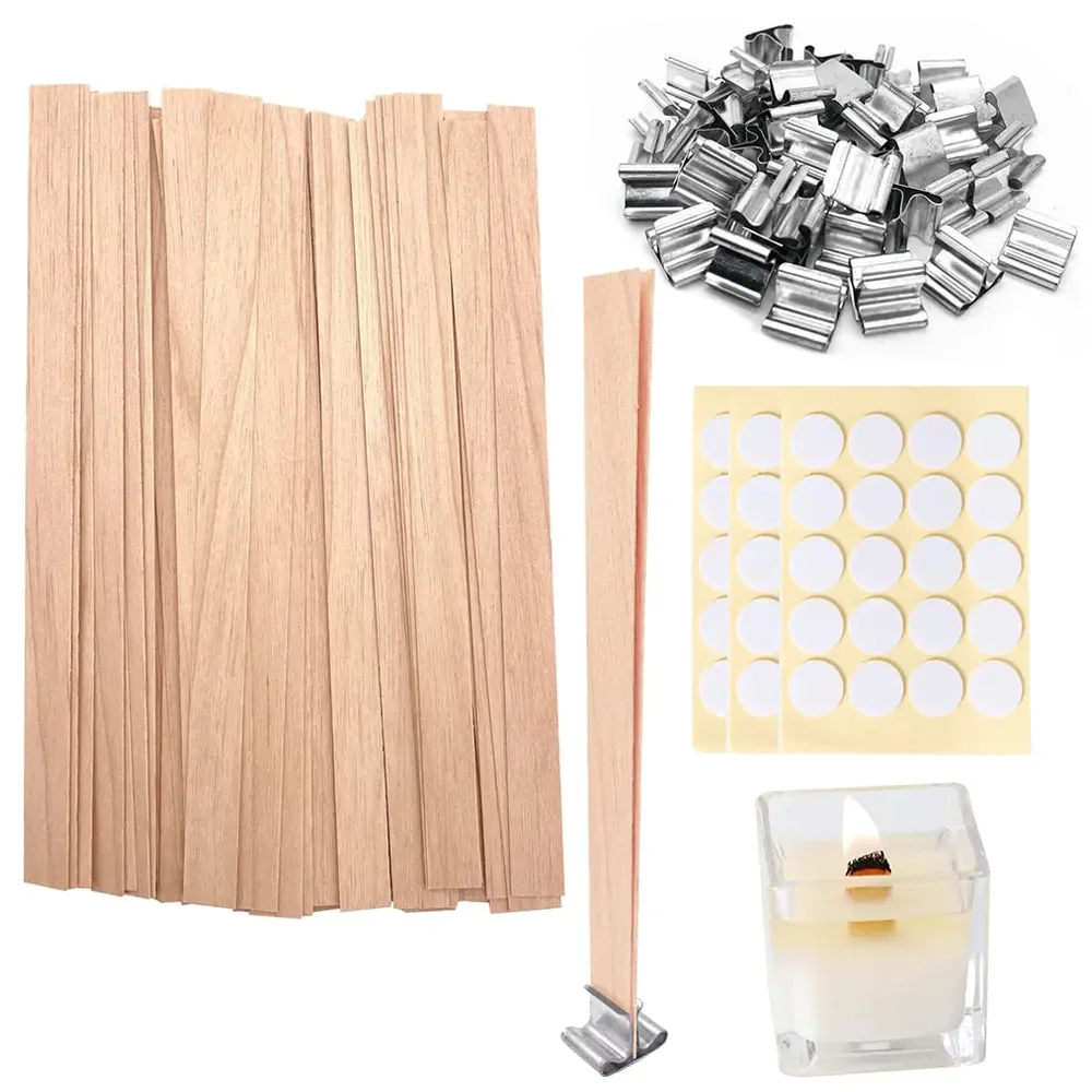 100-Piece Wooden Candle Wick Set with Holders for DIY Scented Candles and Decor