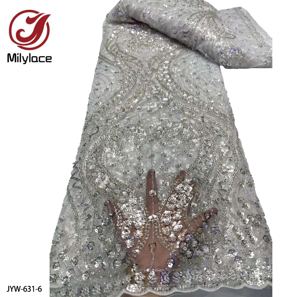 Luxury African Beaded Lace Fabric 2023 High Quality Embroidery Sequins  French Tulle Lace Nigerian Lace for Wedding JYW-631