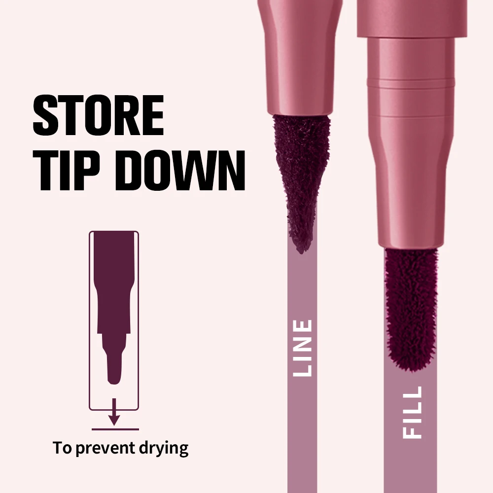 2-in-1 Lip Contour Lip Stain Pen Smudge-proof Non-stick Cup Moisturizing Makeup Cosmetic Dual-Sided Tip Stain & Liner