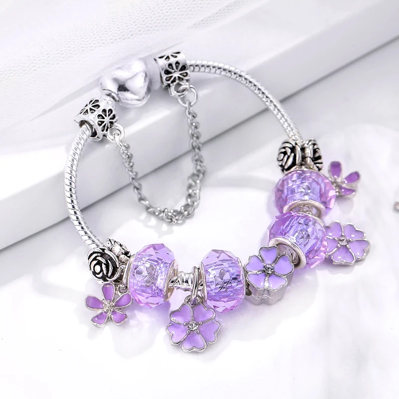 

Boosbiy Romantic Purple Flower Beads With Pendent Fit Fine Charm Bracelet For Women DIY Jewelry To Making Gift New Desgin