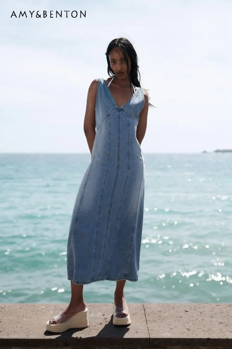 

European and American Women's Clothing Spring Summer New Youth Denim Midi Dress Female Slimming Mid-Length Dresses