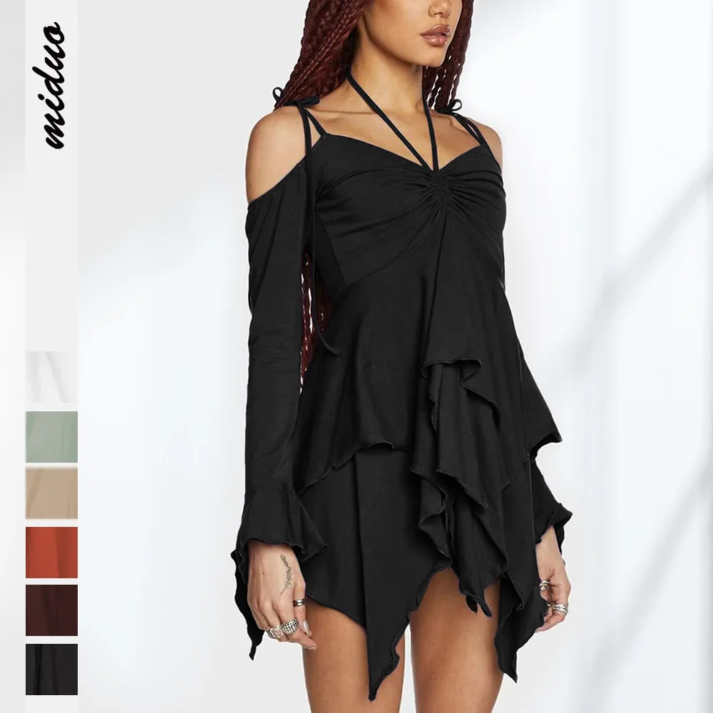 

Spring and Autumn Fashion New Women's Long-Sleeved Halter Dress Splicing Process Personality Irregular Design Ultra-Short Skirt