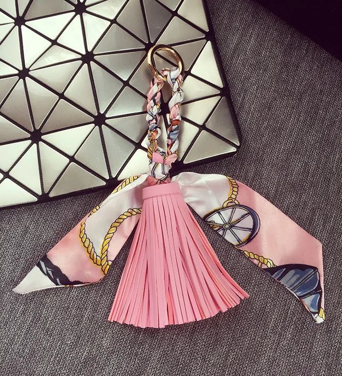 Fringed Leather & Silk Scarf-Inspired Bag Charm with Keychain