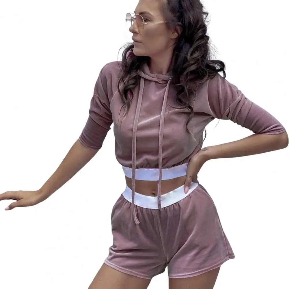 

2Pcs/Set Hooded Drawstring 3/4 Sleeve Pockets Sweatshirt Shorts Set Women Patchwork Color Velvet Sporty Outfit Homewear