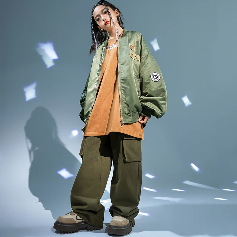 

Girls Boy Oversize Hip Hop Clothing Green Jacket Teenage Street Dance Sweatshirt Joggers Outfits Clothes Sets Kids Jazz Costumes