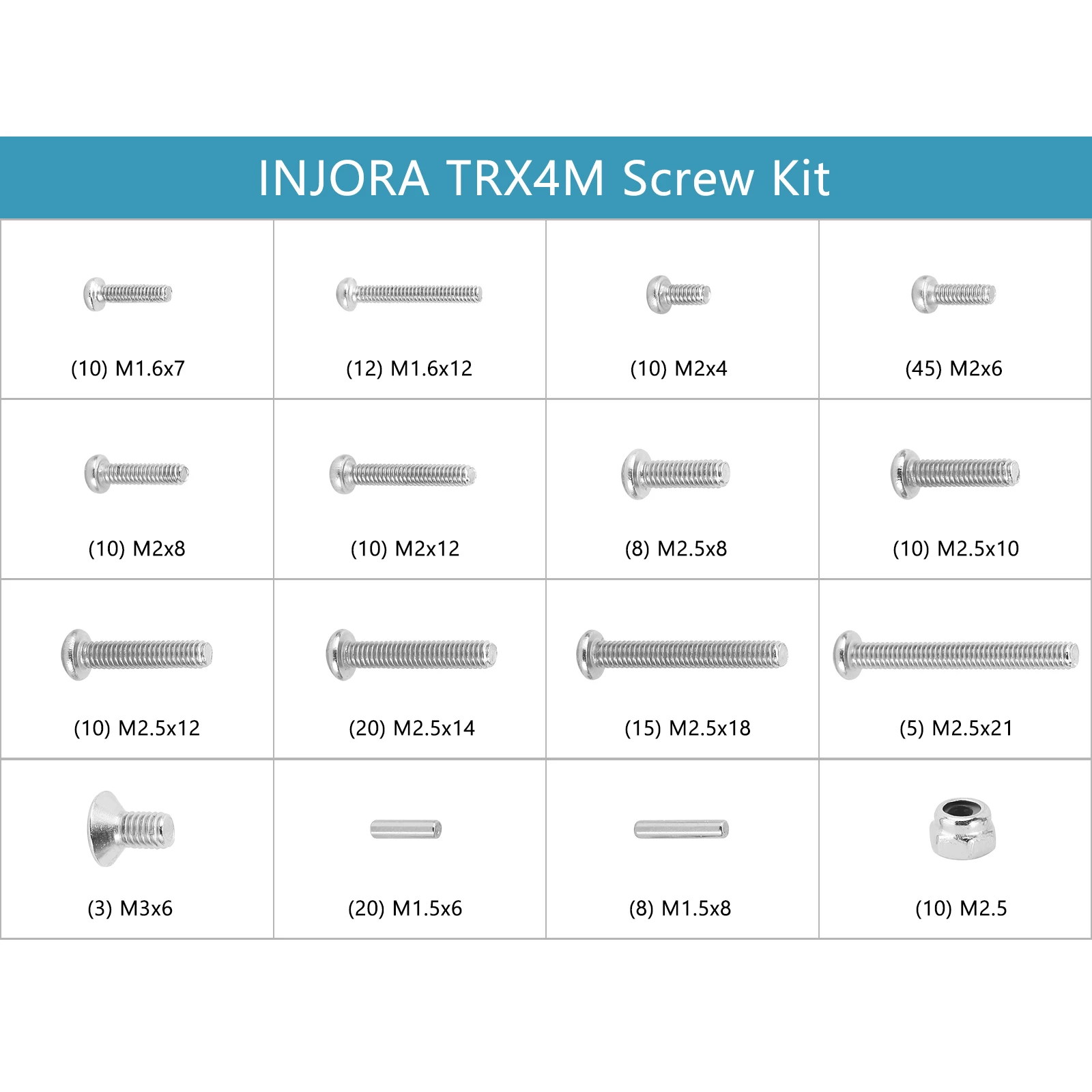 INJORA M1.6 M2 M2.5 등급 12.9 스테인레스 스틸 육각 나사 너트 하드웨어 키트 1/18 RC 크롤러 TRX4M (4M-15)