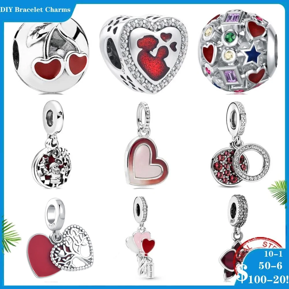 

925 Sterling Silver Charms Red Cherry cup Flower Pattern Stripe Openwork Beads Fit Original Pandora Bracelet Charm Jewelry Gift