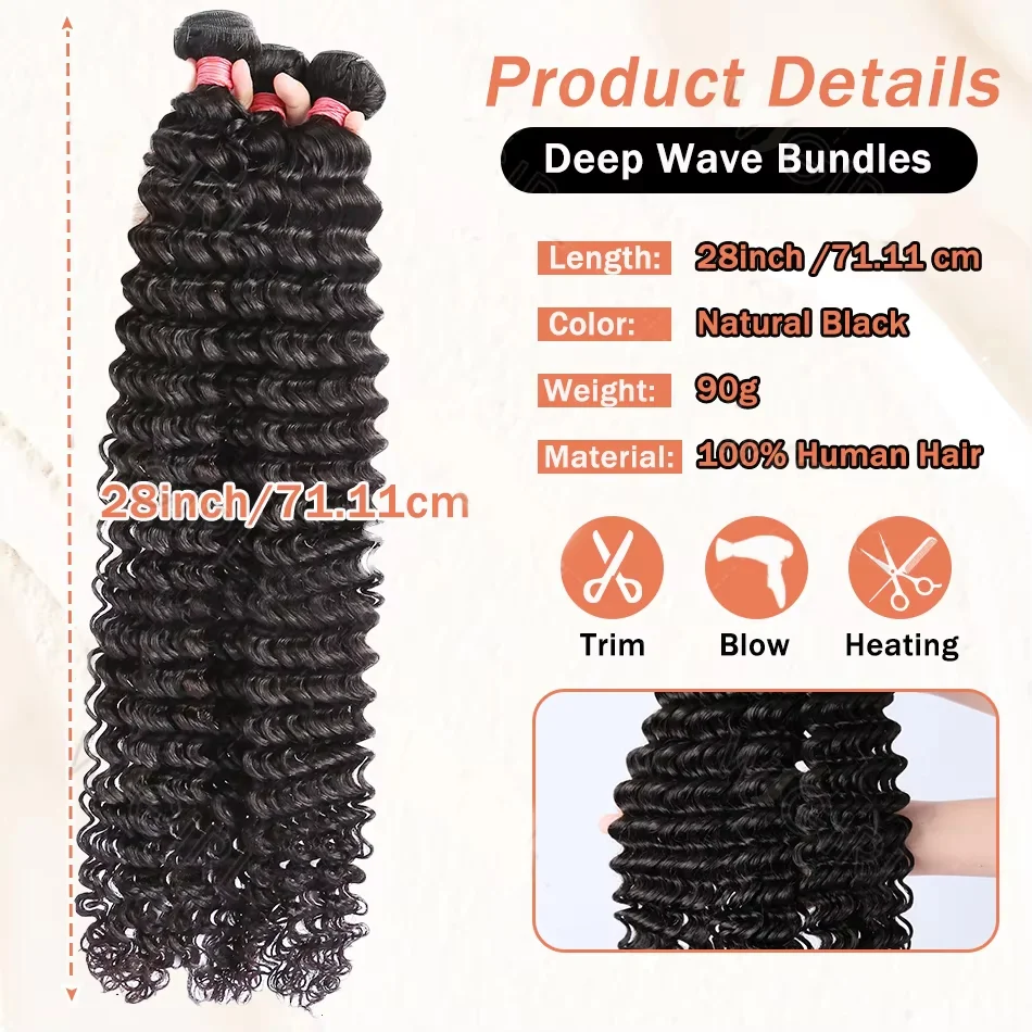 30 40 Inch Deep Wave Human Hair Bundles Brazilian Virgin Remy Unprocessed Weaving 10A 12A 14A Curly Hair Extensions Deals