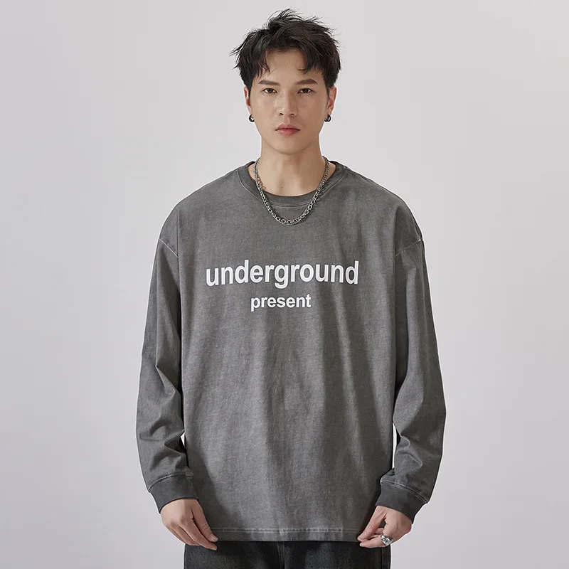 

Autumn new retro do old long sleeve T-shirt men loose pure cotton wash watermark flower top