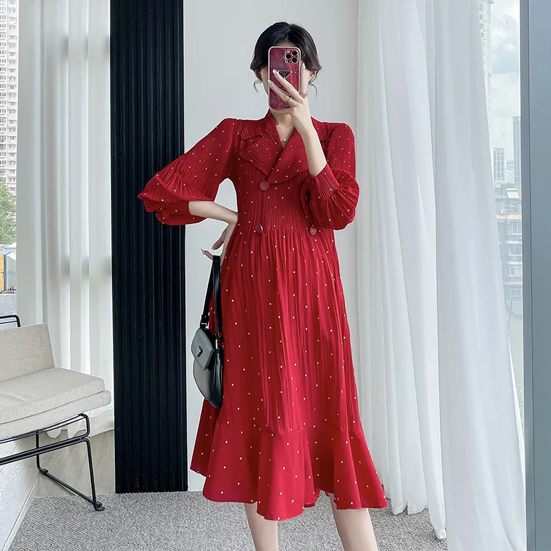 Maternity Clothes Spring & Autumn New Fashion Double Breasted Pleated Elegant Formal Red Polka Dot Long Sleeves Pregnancy Dress