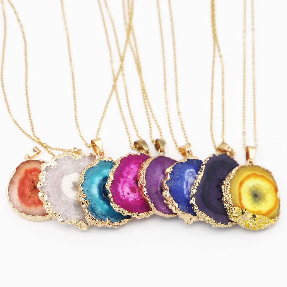 New Natural Stone Irregular Sunflower Druzy Agate Necklace Purple Rose Red Pendant Reiki Charms Women Healing Jewelry Gifts 4PCS