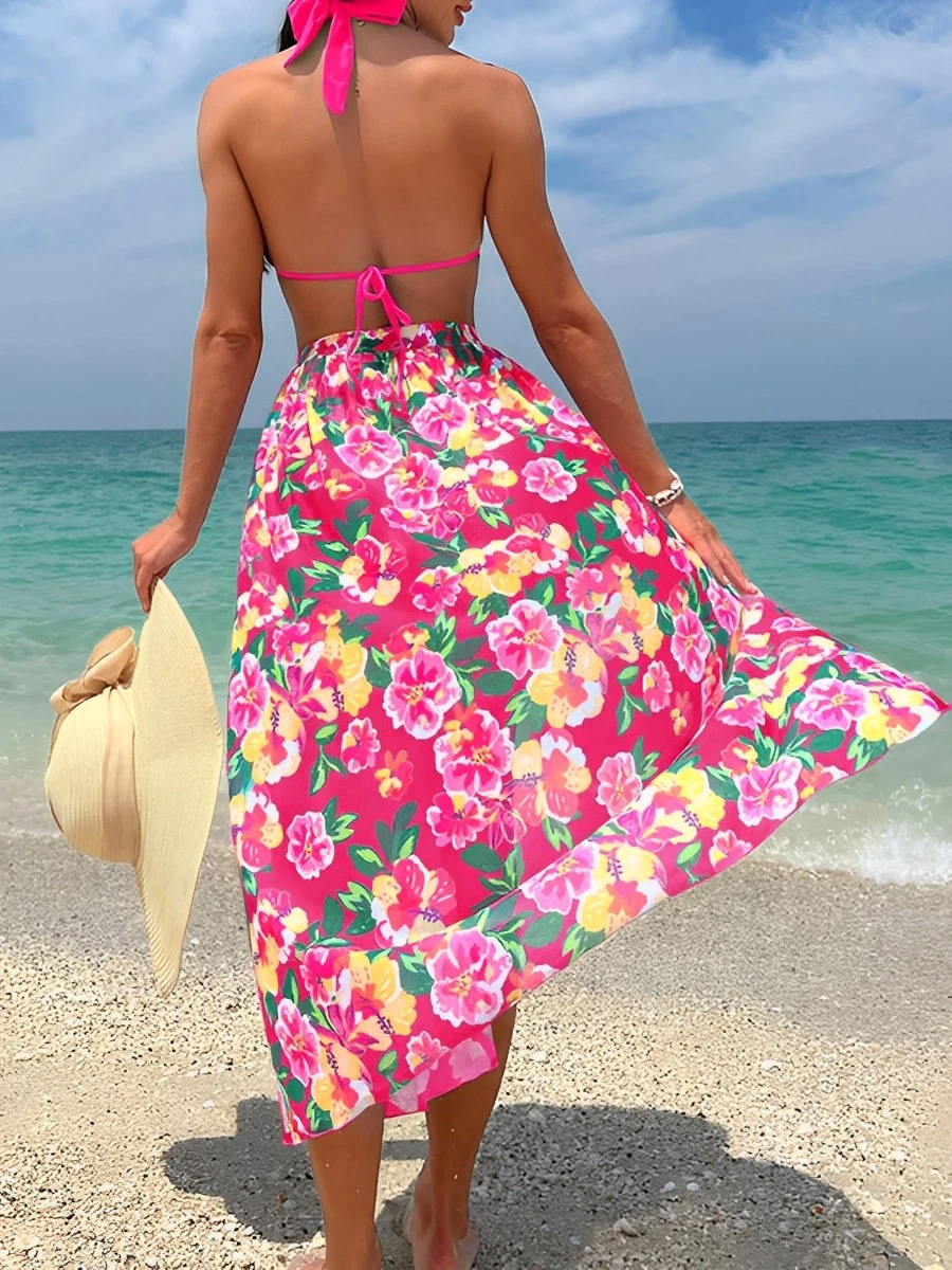 thumbnail image 4 of Halter String Print 3 piezas Bikini falda larga traje de baño mujer traje de baño mujer bañista natación traje de baño ropa de playa, 4 of 5