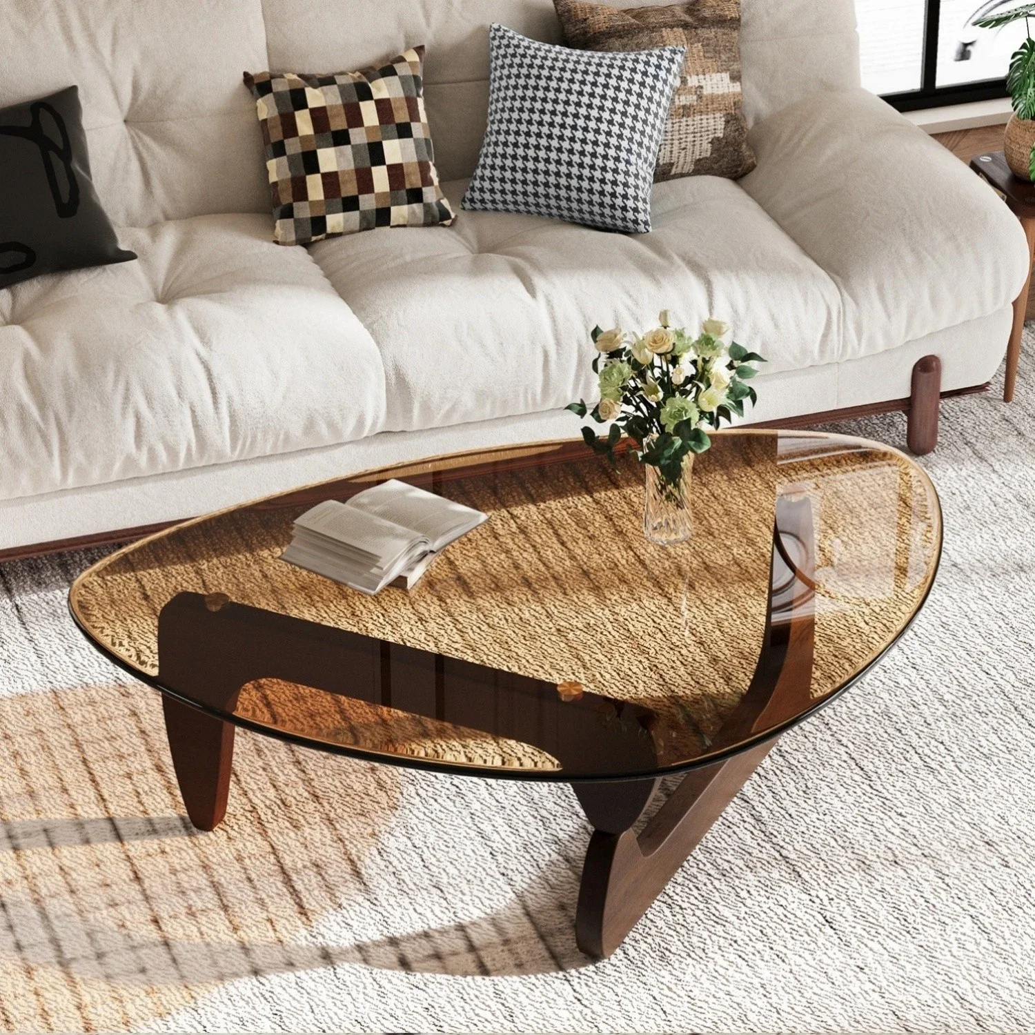 FATIVO Modern Irregular Glass Coffee Table – Amber Tempered Top 2