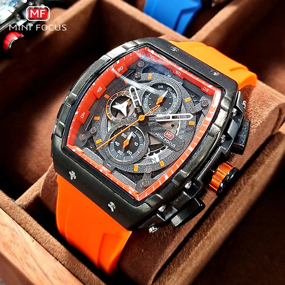 MINI FOCUS Chronograph Quartz Watch For Men Tonneau Dial Military Sport Wristwatch With Orange Silicone Strap Auto Date 0399_voghion.com