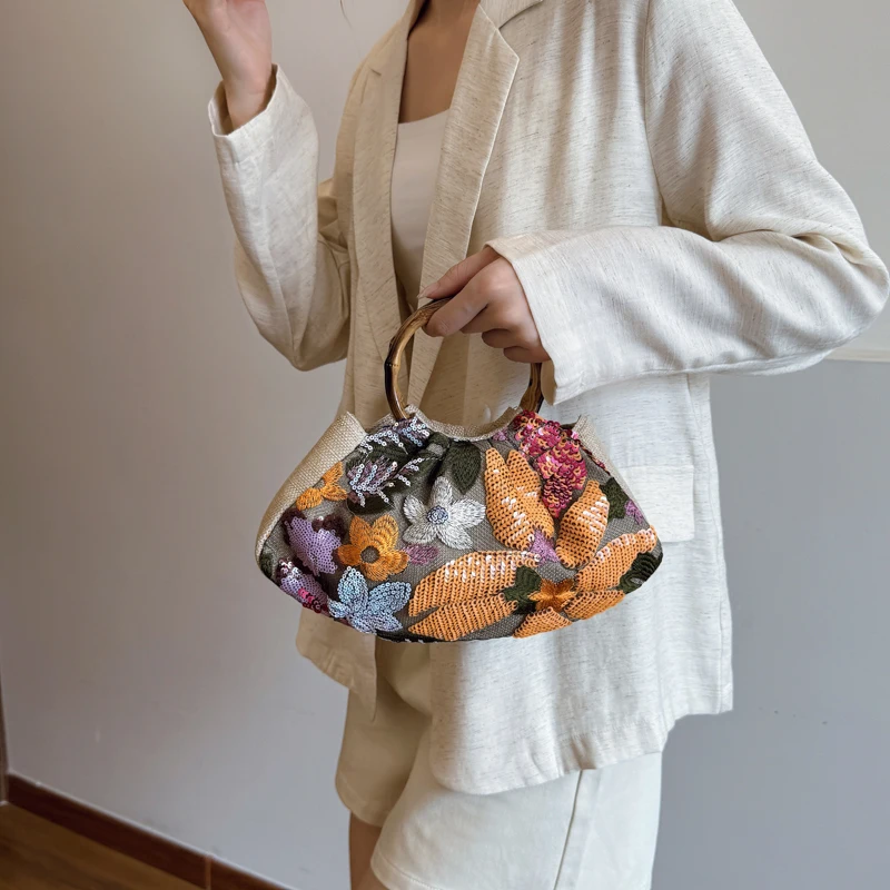 Floral Sequin Metal Top Handle Bag for Women Girls Pleated Clutch Purses Evening Clutch Bag Wedding Guest Dress Party Clutches