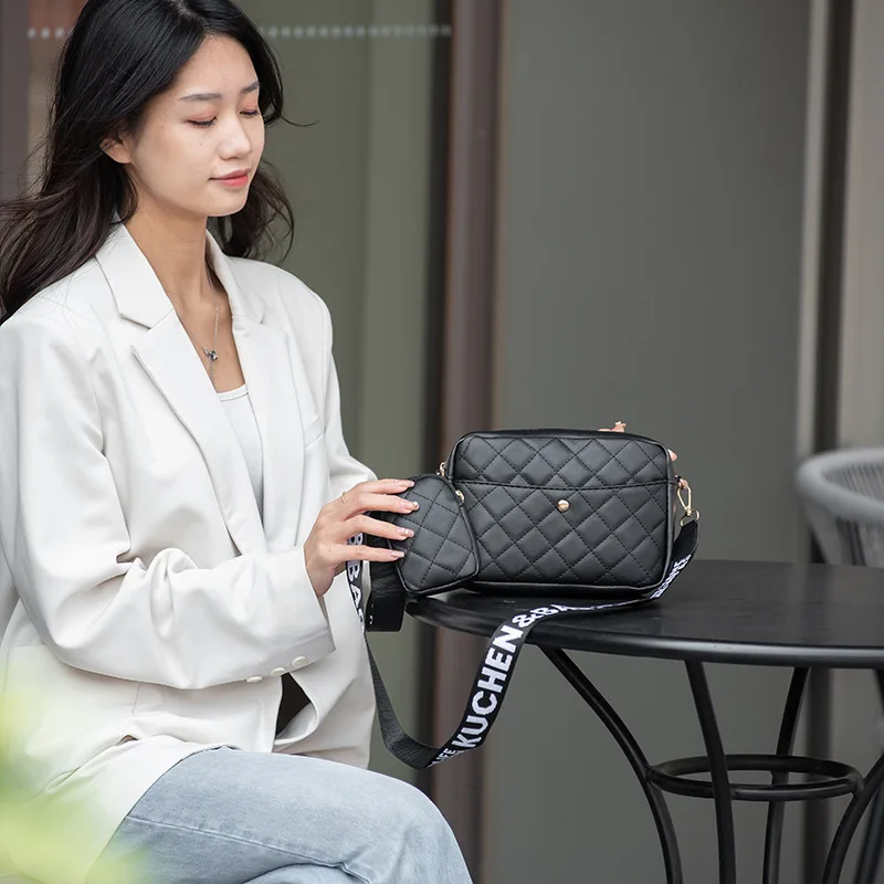 Two-Piece Fashion Women's Bag Simple and Stylish Diamond Embroidery Webbing Combination Bag Messenger Bag