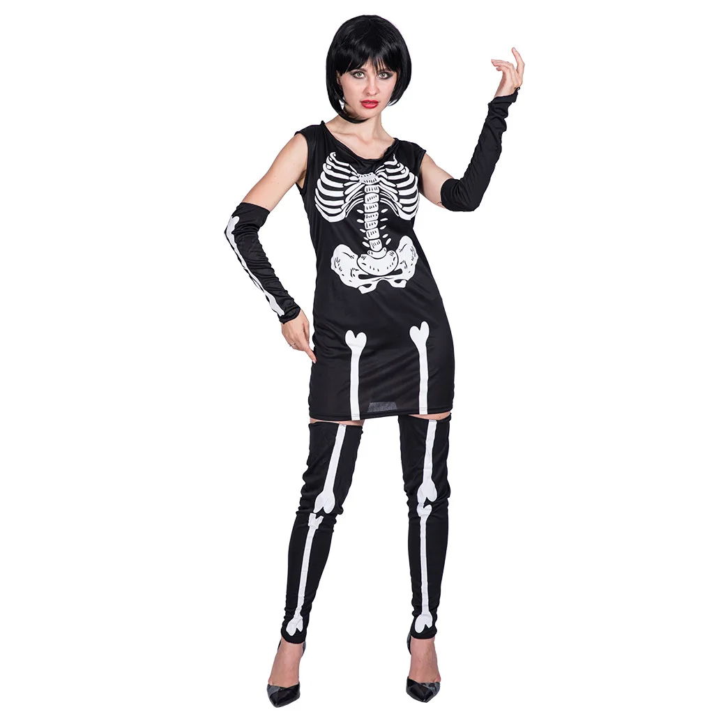 

Black Woman Skeleton Scary Cosplay Female Halloween Skull Costumes Carnival Purim Parade Nightclub Bar Role Playing Party Dress