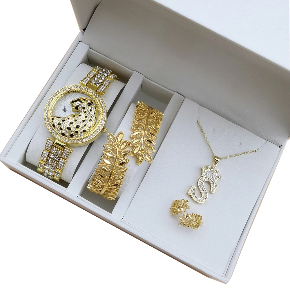 Women Quartz Watch Jewerly Set Fashion Bling Casual Ladies Watch Female Gold  Plated Bangle Leaf Bracelet Ring Letter Necklace