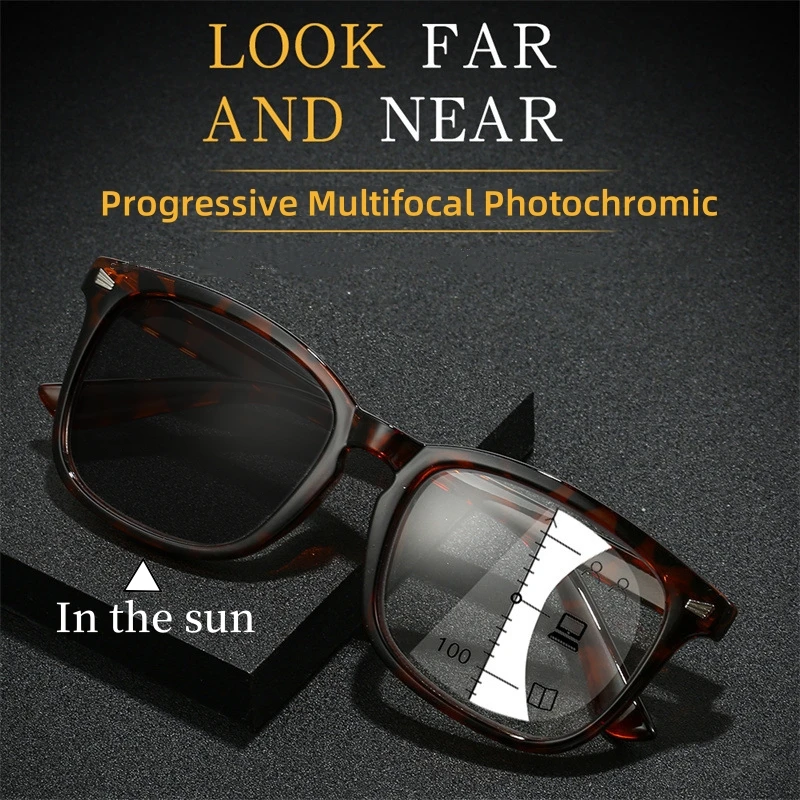 Men Women Multifocal Progressive Photochromic Reading Glasses Anti-blue Light Far Eyewear Sunglasses with Diopters +1.0 To +4.0 Reading Glasses