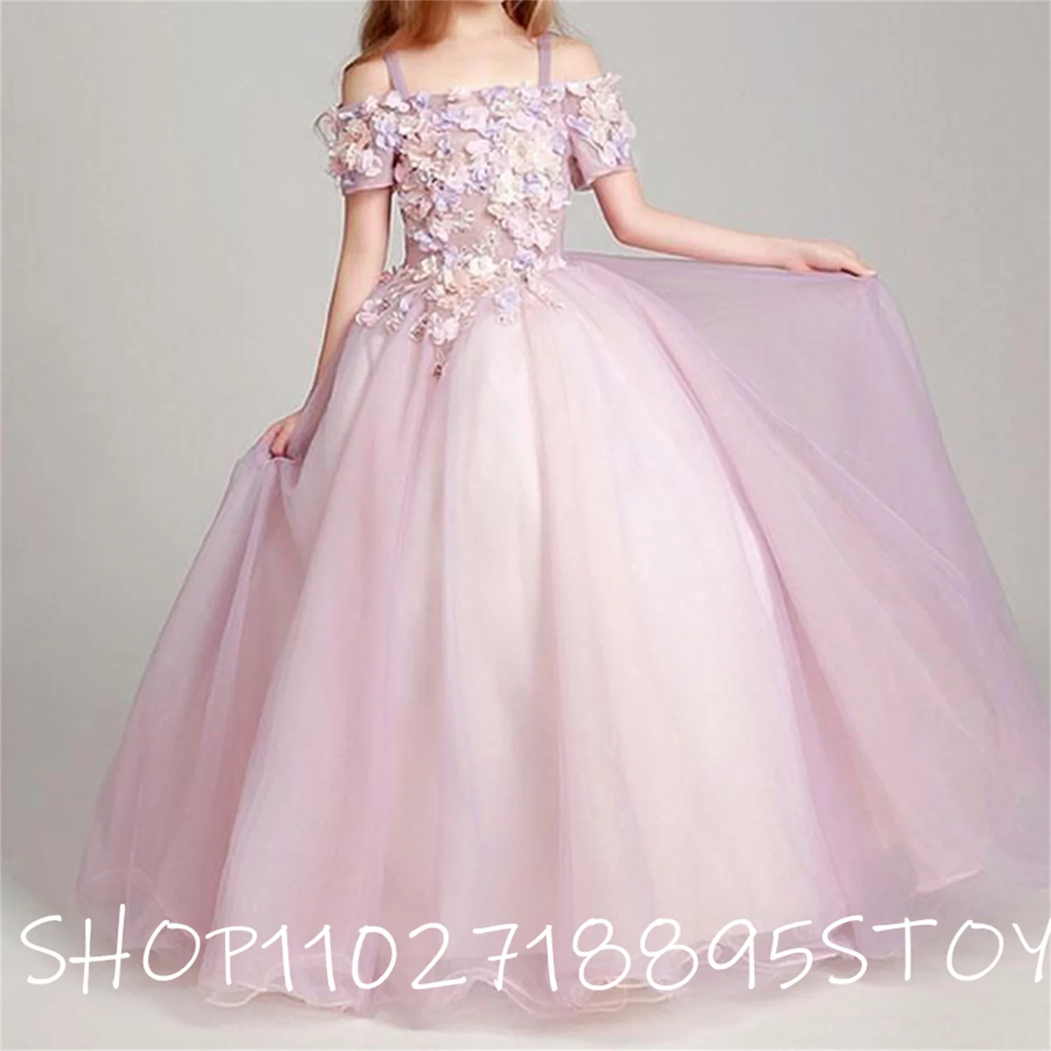 

Flower Girl Dress Appliques Sleeveless Wedding Birthday Off the Shoulder Ball Gown Floor Length Elegant First Communion Dress