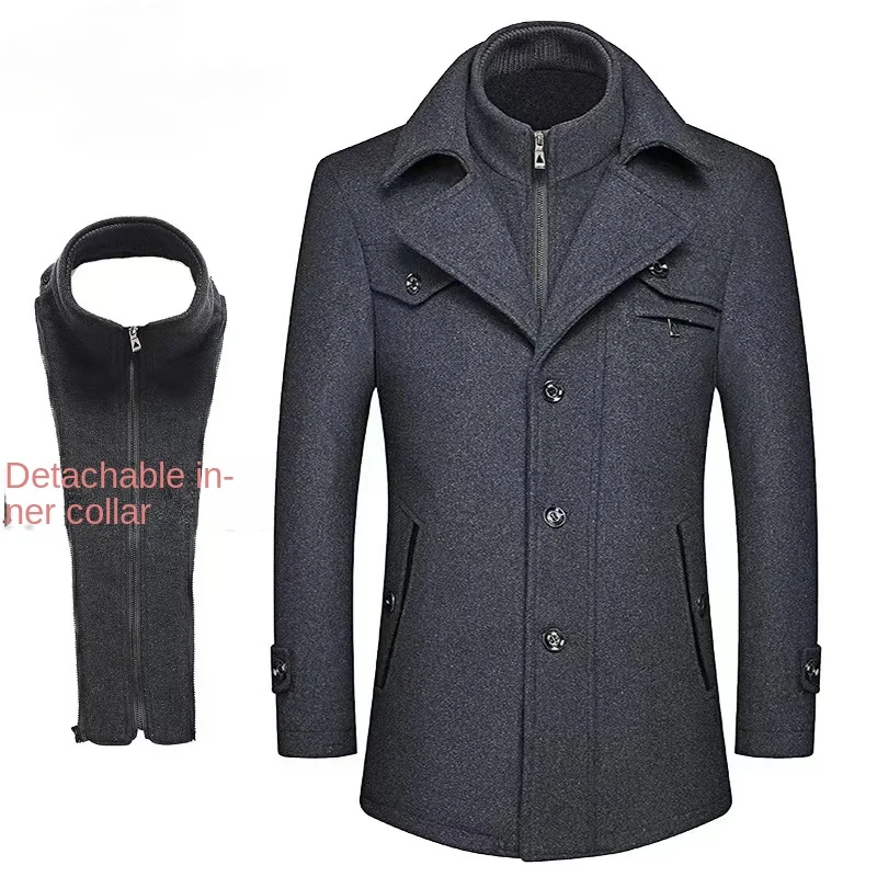 Brand Jacket Men's Business detachable double zipper button long coat Men's fall winter slim windproof long sleeve woolen coat
