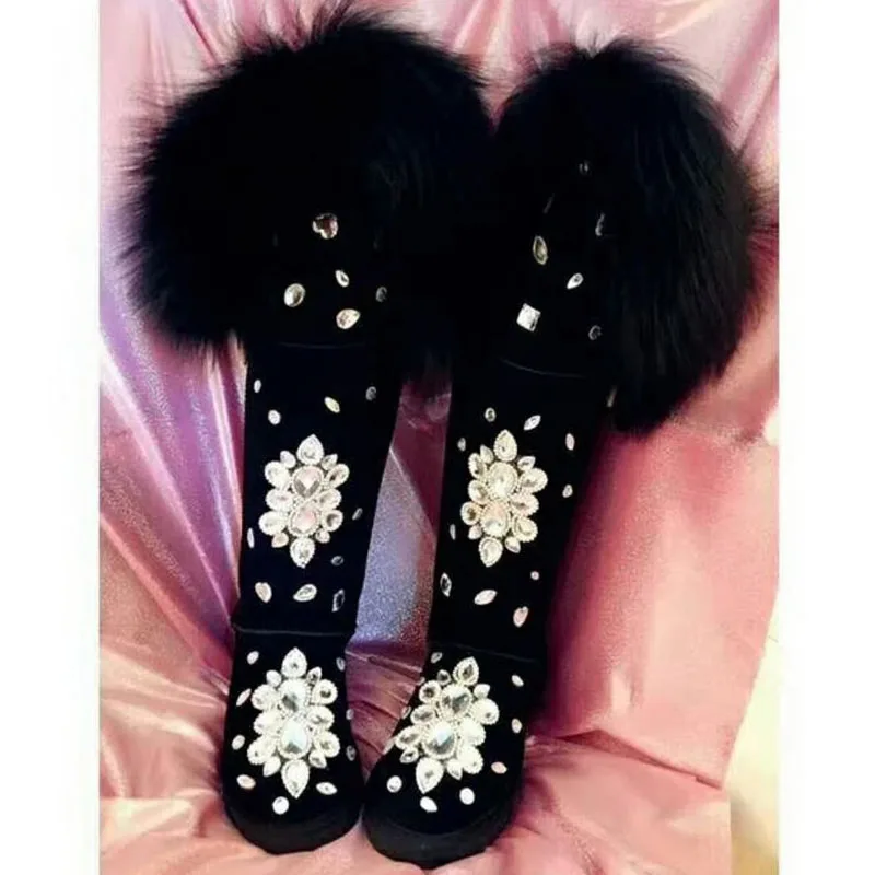 

Glitter Colorful Diamond Crystal Fox Fur Wrapped Knee high Snow Boots Thick sole Fur inside Cow Suede Rhinestone Winter Boots