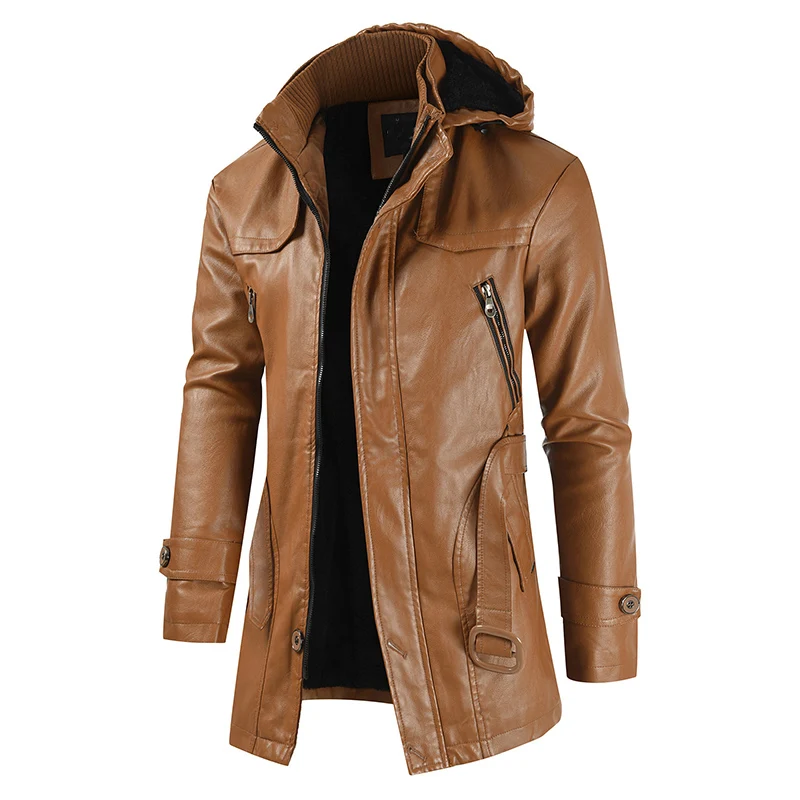 445920-48e8fc.jpg Sd67f08f810624203bf28622f2ef9814bF Winter Men's Leather Motorcycle Leather Korean Fashion Jacket Coat Windproof Clothes Men's Hooded Medium Long Mallzona