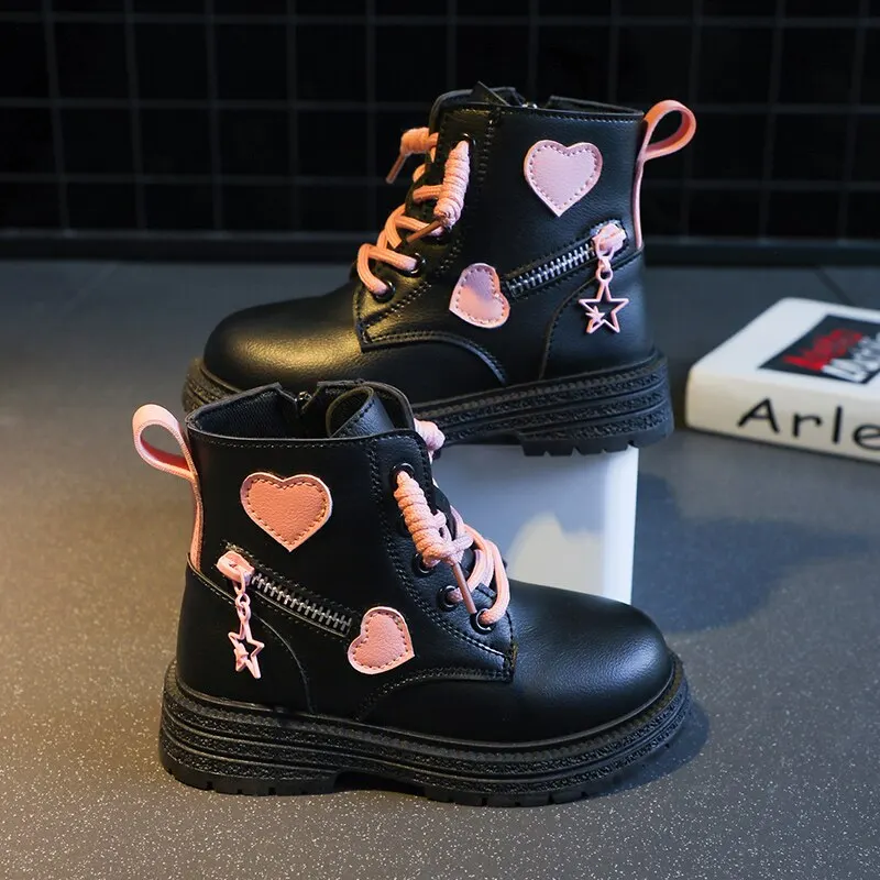 Girls Ankle Boots Fashion Princess PU Leather Rubber Outsole Children's Short Boots Autumn Winter Zipper Pink with Love Heart