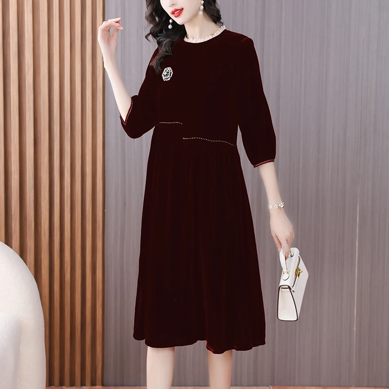 

2023 New Fashion Silk Velvet Dress Women's Autumn Vintage Black Silk Silk Dress French Loose Fit Casual Vacation Vestidos