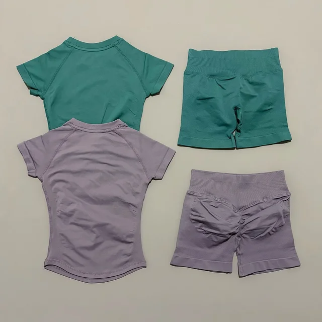 2 Pcs HISTELLO Impact Sports Sets Short Sleeve Seamless Yoga Top Fitness Set Women Workout Running Sports Shorts Gym Suit