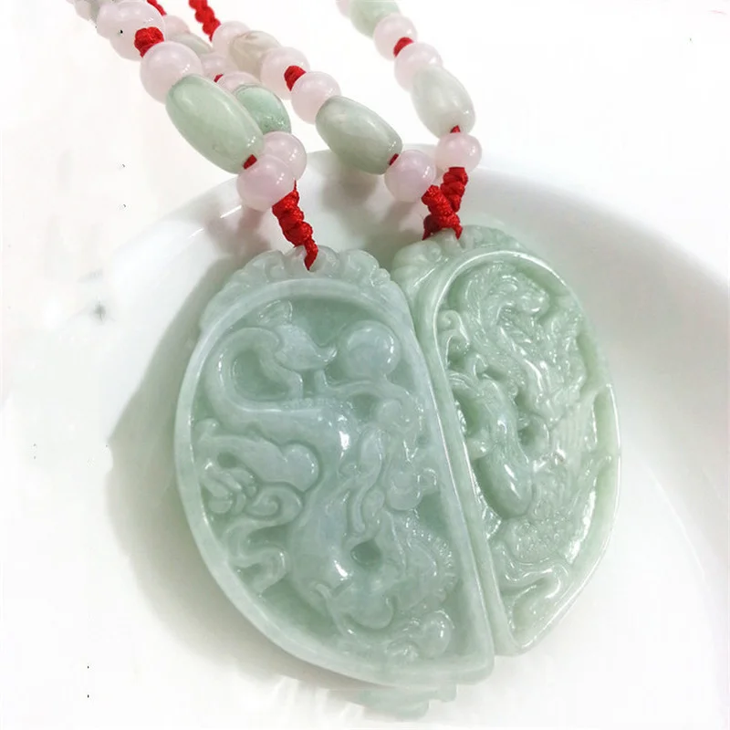 Natural Jade Myanmar Jade Dragon and Phoenix with A Pair of Pendants Fashion Pendants for Men and Women
