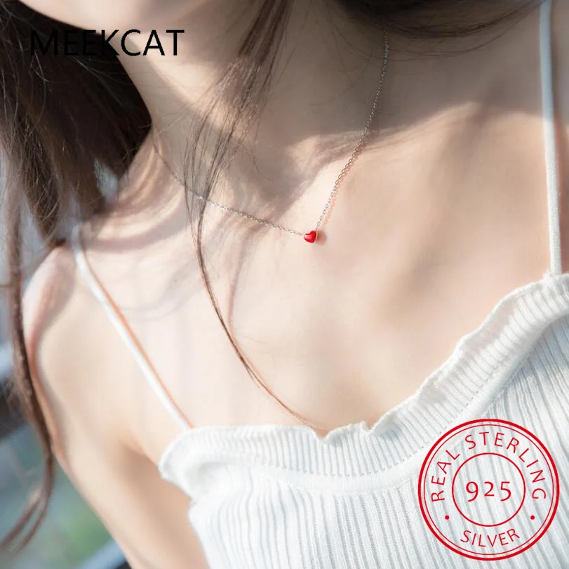 925 Sterling Silver Fine Jewelry Set Romantic Red Enamel Heart Necklace+Earring Two piece set joyas de plata For Women Girl Gift