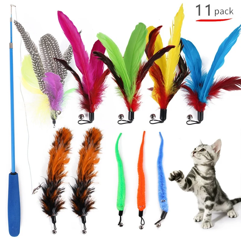 

Cat-Wand Toy, 11 In 1 Feather Replacement Head Retractable Cat-Teaser Stick For Cat-Kitten Having Fun Exerciser Playing