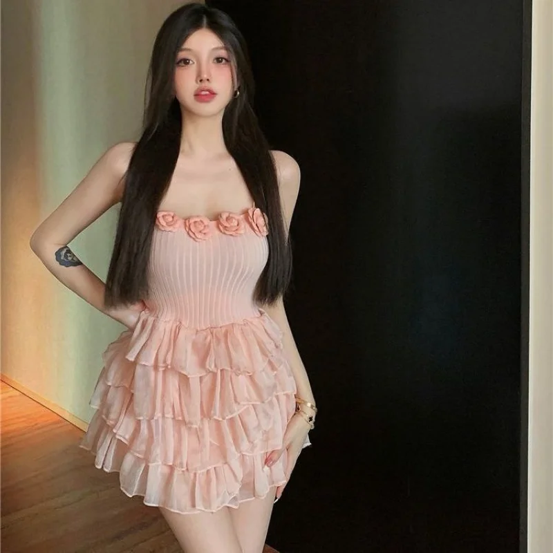 

Women 2023 Summer Korean Style Pleated flower Tight-fitting sleeveless Retro pink dress Slim dress