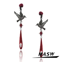 MASW Original Design Hiphop Cool Hot Girl Style Red Flower Black Bird Dangle Earrings For Women Gift Modern Jewelry Accessories 1
