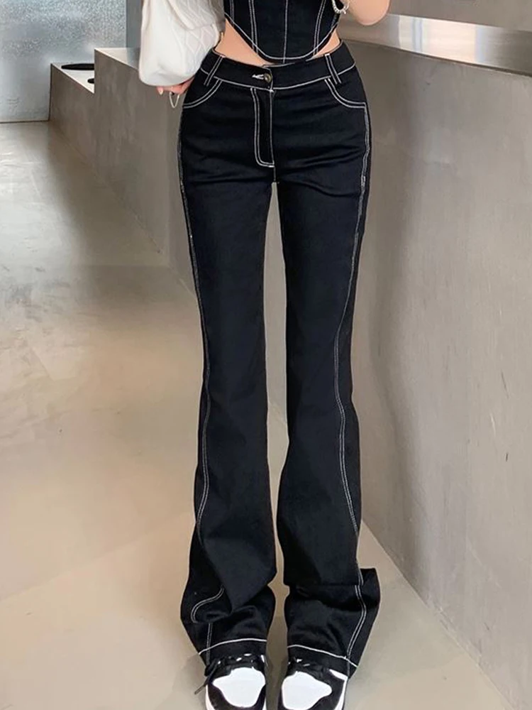 

Leisure Bright Line Denim High Waisted Straight Leg Flared Pants 2024 Spring New Korean Fashion Women'S Clothing