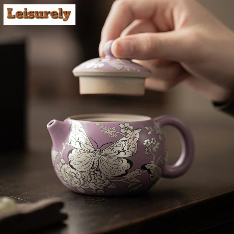 180ML Purple Ru Gilt Silver Butterfly Flower Xishi Teapot Japanese Tea Infuser Pot Tea Maker Kettle With Filter Teaware Craft