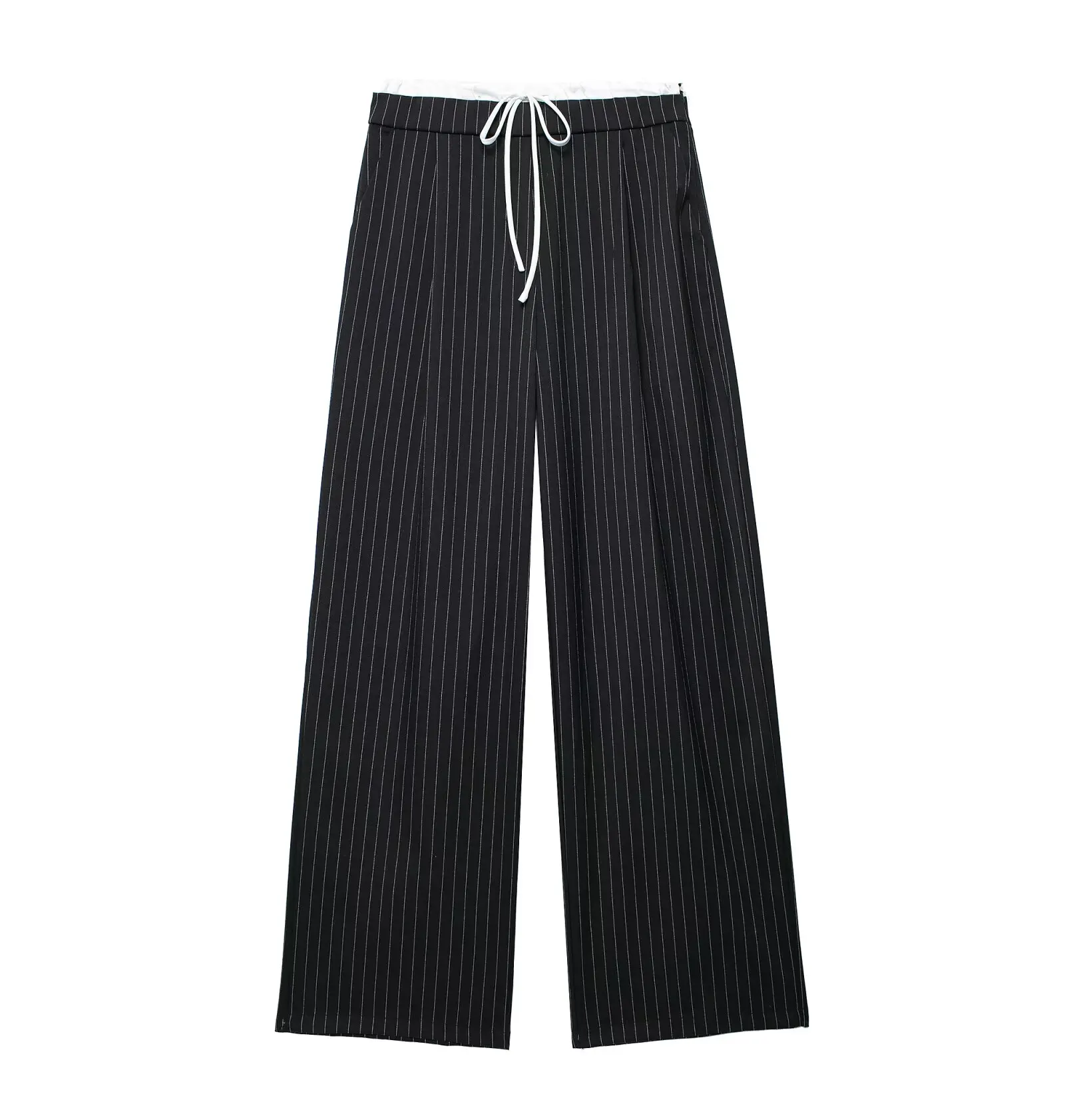 DUOPERI Women Fashion Solid Lace Up Side Zipper Straight Pants Vintage High Elastic Waist Female Chic Lady Trousers