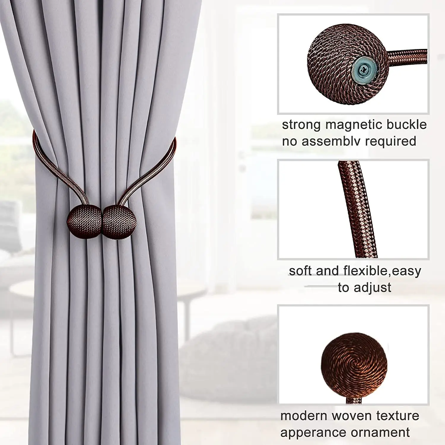2pcs Magnetic Curtain Hooks Magnetic Pearl Ball Curtain Tiebacks Rope Back Holder Buckles Polyester Curtains Accessories