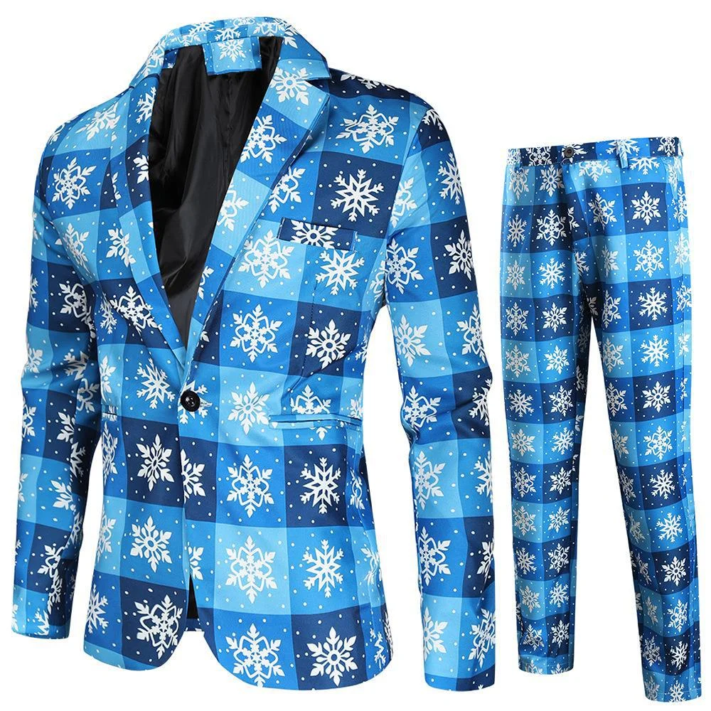 thumbnail image 5 of Gorro navideño de anime para hombre, chaqueta azul y roja, divertido árbol de Navidad, muñeco de nieve, estampado, blazer de un botón, frente abierto, trajes de trabajo de oficina para negocios, 5 of 5