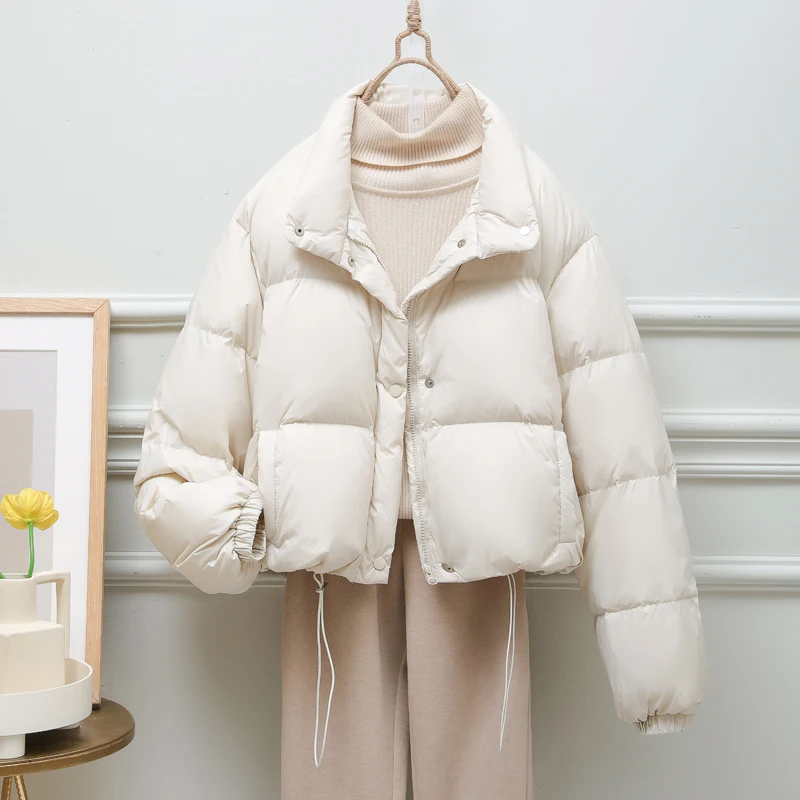 New Winter Draw String Korean Version White Duck Down Jacket Women Short Fashion Half High Collar Loose Down Coat Tide Winter