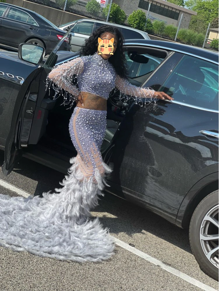Sparkly 2 piece Pearls Sequins Feather Women Birthday Celebrate Evening Formal special Occasion Wedding Dresses Dance Dress dance dress