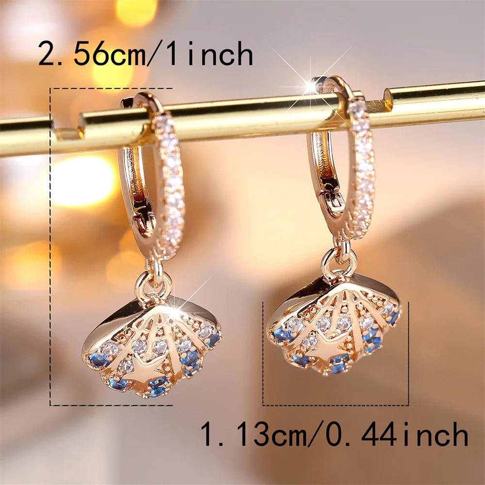 Cute Scallop Blue Crystal White Zircon Hoop Earrings For Women Vintage Gold Color Ear Buckle Wedding Jewelry Bride Birthday Gift