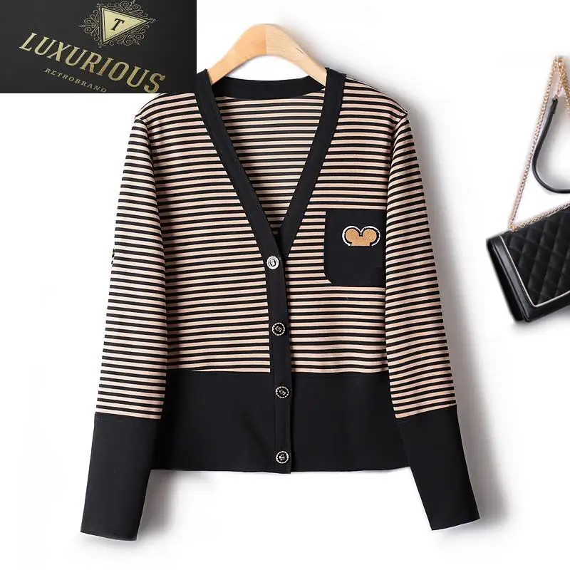 

Осенняя Женская куртка 2024 Милая корейская мода с коротким рукавом Классический длинный хлопковый кардиган в полоску с мультяшным рисунком пальто