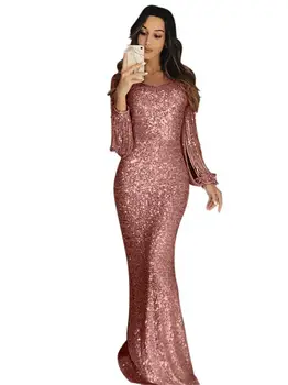 Women's European and American Long Dress Evening Dress Long Sleeve Tassel Dinner Dress 1