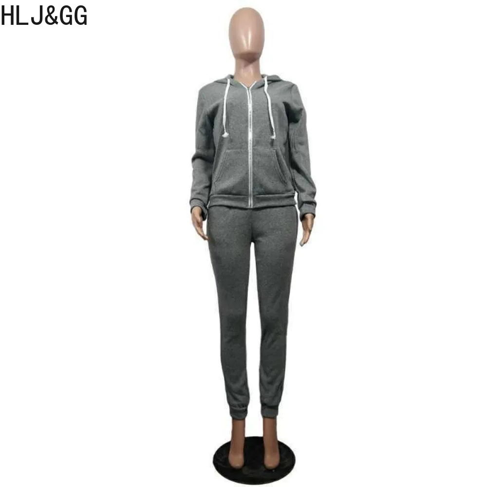 HLJ&GG Autumn Winter Casual Solid Color Hooded Two Piece Sets Women Zipper Long Sleeve Coat And Jogger Pants Tracksuits Outfits