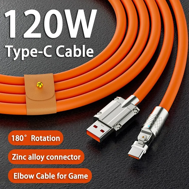 120W 7A Type C Cable 180° Rotating Ultra Fast Charging Cable Silicone For Huawei Samsung Xiaomi Lengthened Bold Game Data Wire