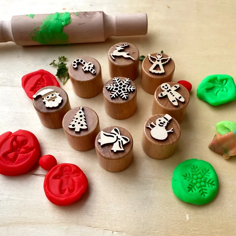 Wooden DIY Stamp Toy For Children Halloween Chirstmas Clay Stamps Handmade Toys Kids Art Painting Tool 6pcs