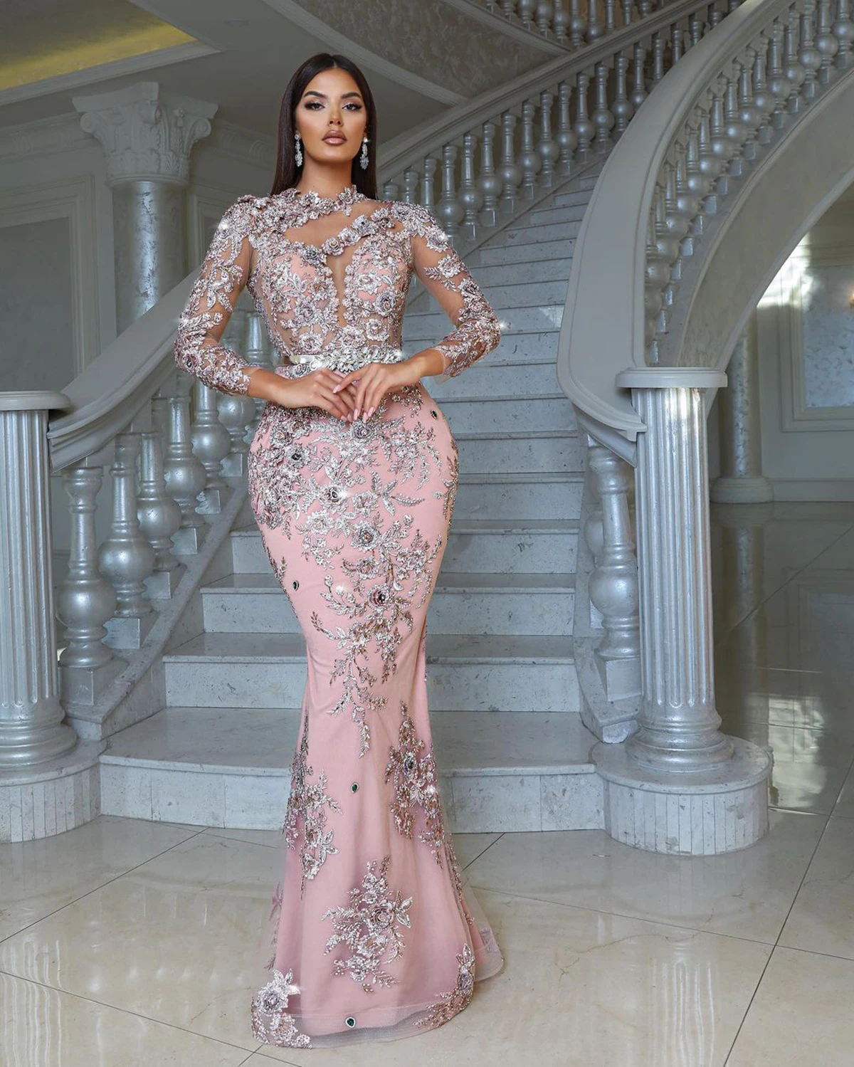 Luxury Pink Mermaid Evening Dress Woman Glitter Applique Flowers Prom Gowns Long Sleeves Party Night Dresses فستان سهرة نسائي